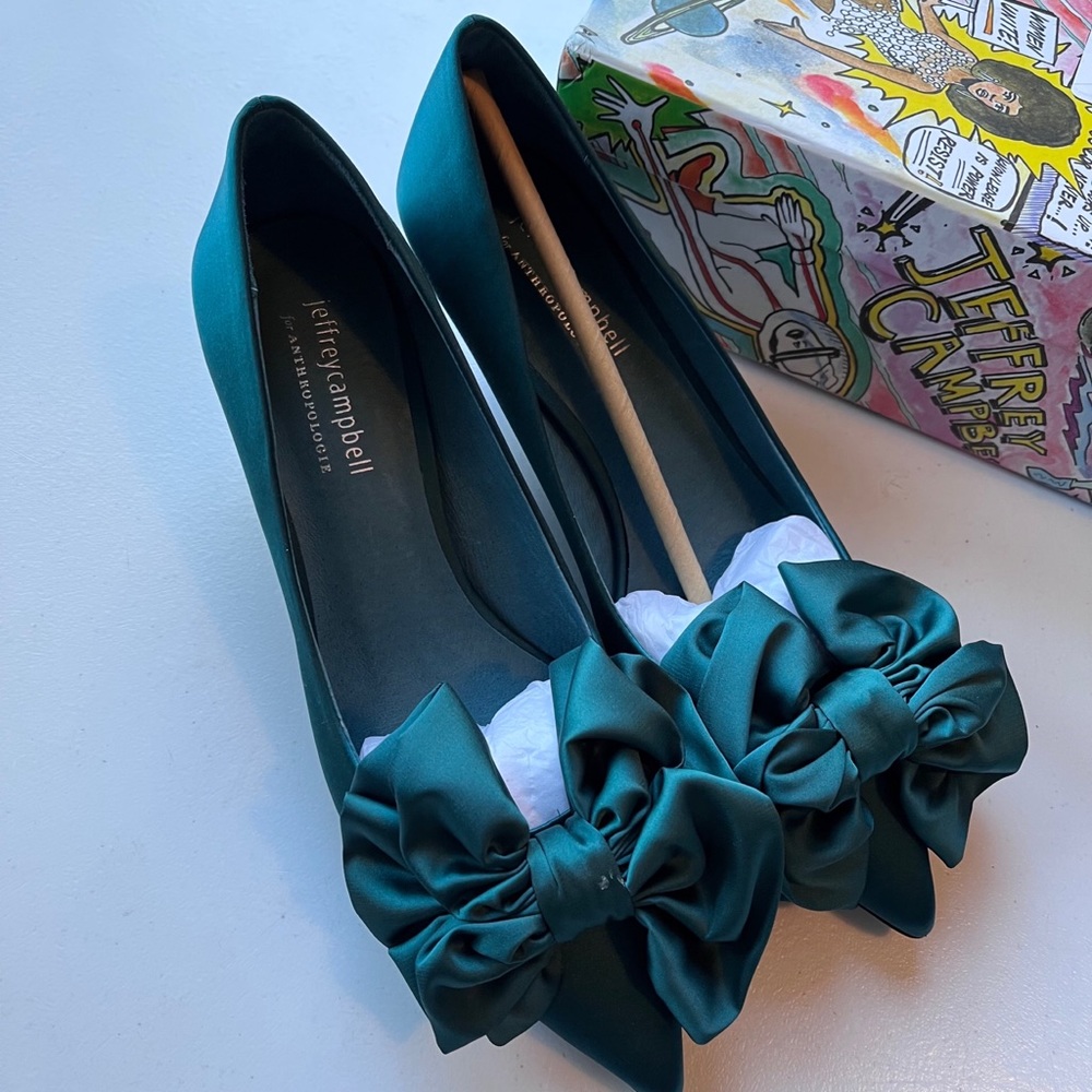 Jeffrey Campbell Teal Satin Pointed-Toe Flats with Bow